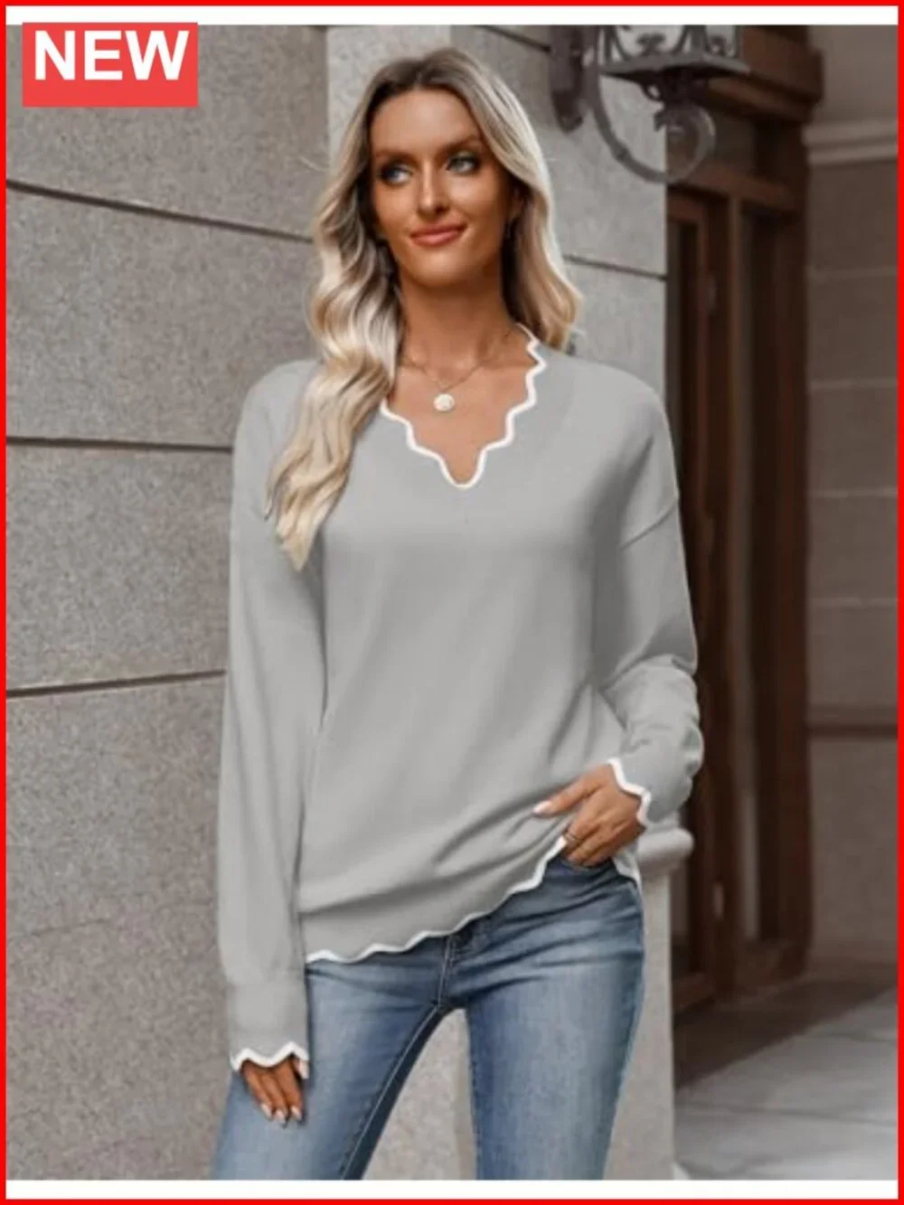 V Neck Long Sleeve Lightweight Knit Pullover Sweater Casual Loose Fit
